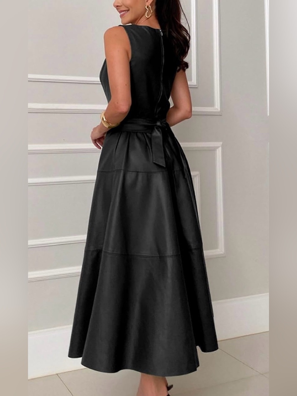 Black Faux Leather Sleeveless Midi Dress with Waist Tie